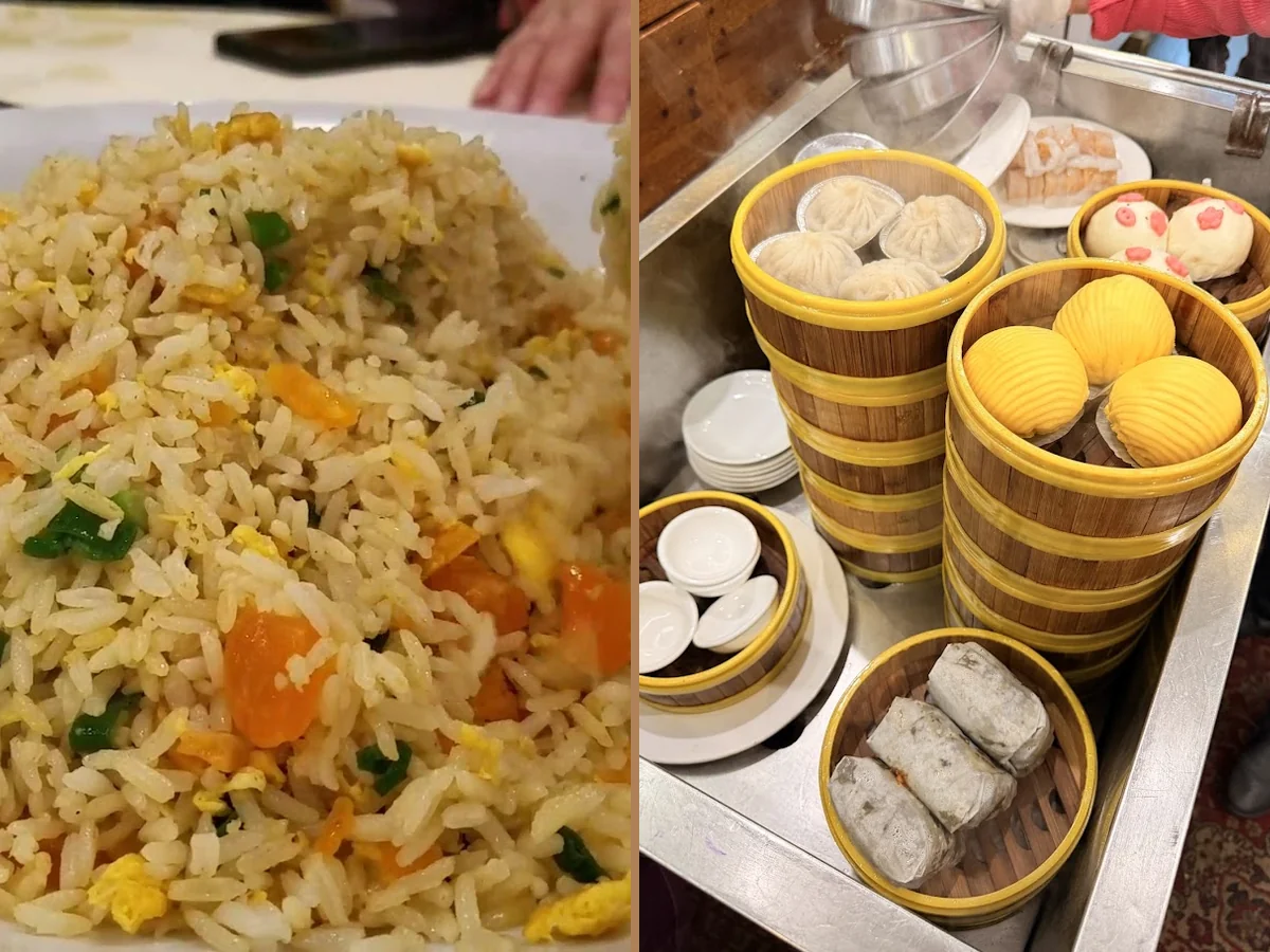 Chinese dishes on white plates.