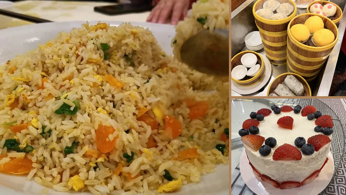 Chinese dishes on white plates.