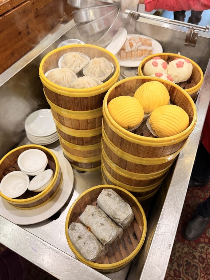 A restaurant table with shared plates.